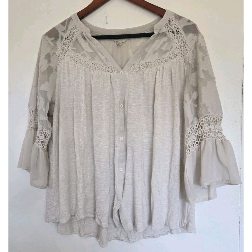 Light Gray Lace-Trim Button Front Women's Top